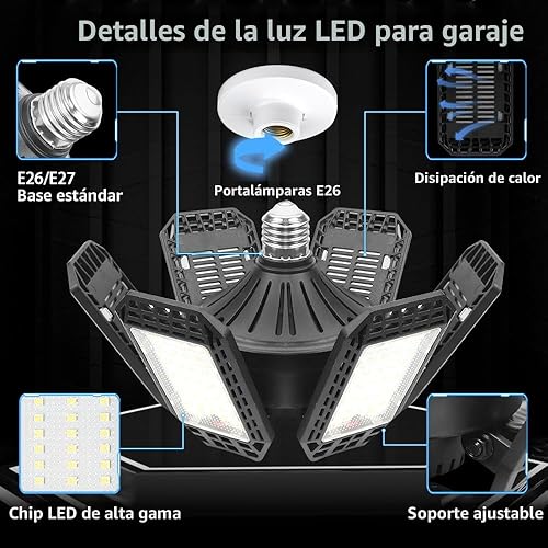 Miniatura 2 de Paquete de 2 Luces de Garaje, 200W 20000LM 6500K Luces LED de Taller, Luces LED de Garaje para Techo con 6+1 Paneles Deformables, Bombilla de Rosca