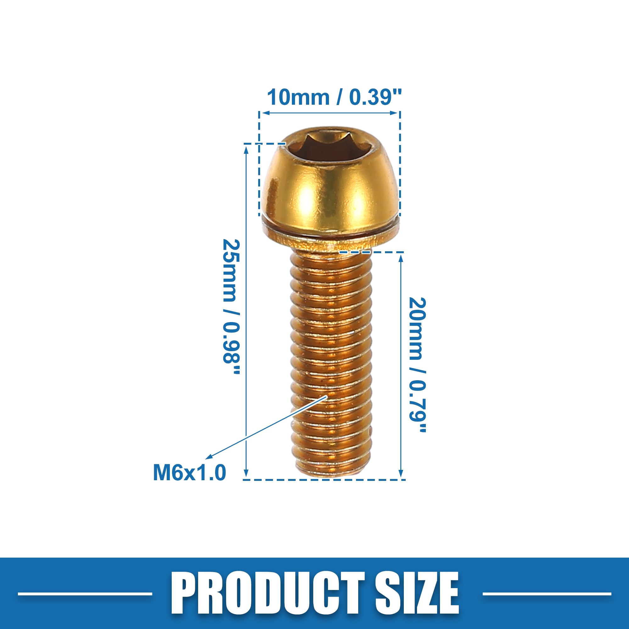 A ABSOPRO Tapered Bolts Screws for Bicycle Stem M6x20mm Gold Tone (Set of 10) - Image 4