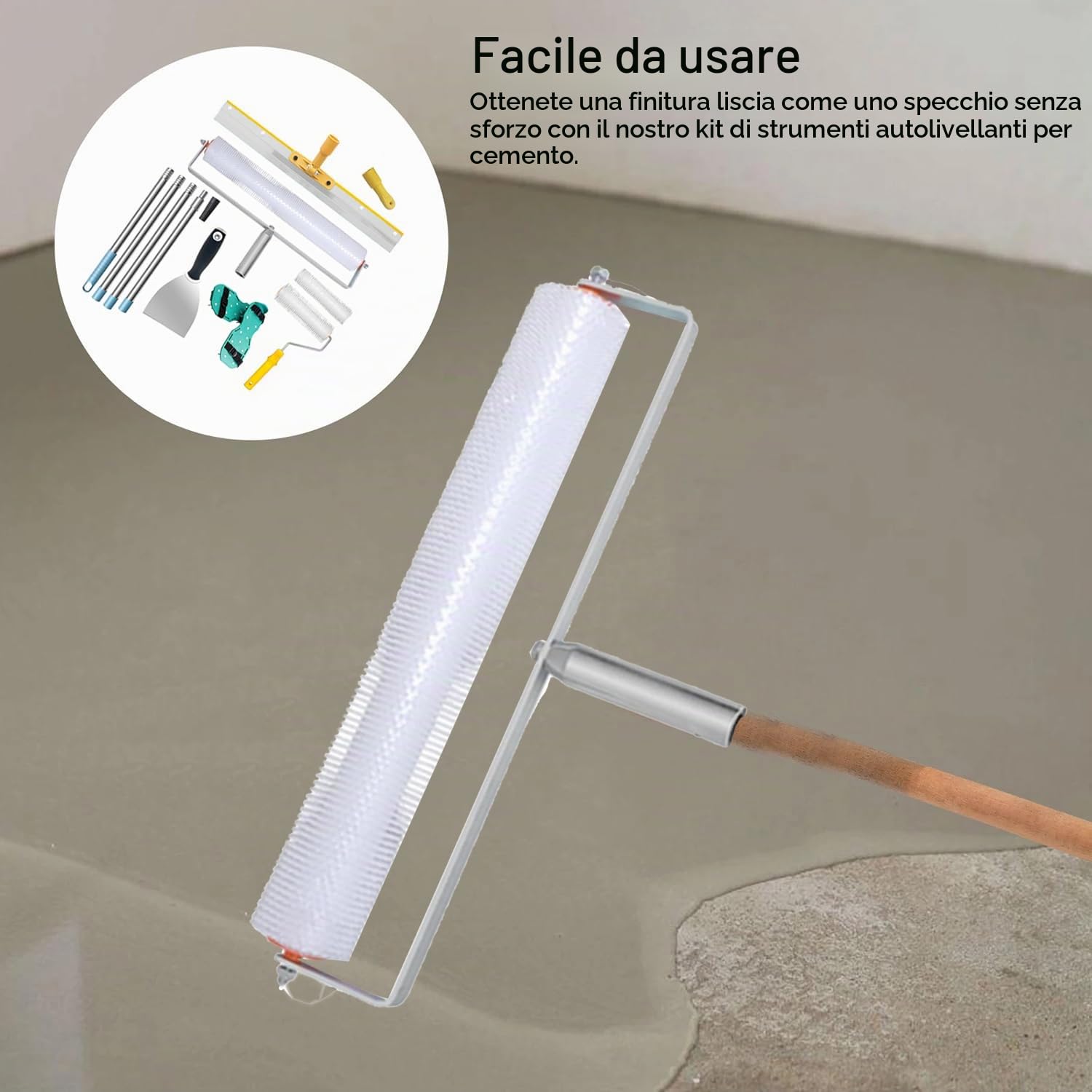 Kit di Strumenti Autolivellante per Pavimenti,Asta Telescopica 175 cm,Grandi Superfici 56cm,Rullo Frangibolle 13mm,Scarpe Chiodate Punta Lunga 3 cm,con Rullo Pittura,per Livellare Parete Pavimento