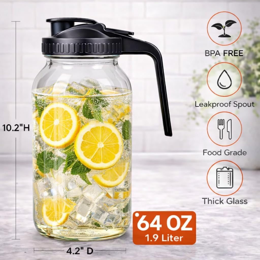 3 Pack 64oz Glass Mason Jar Pitcher with Airtight Lid and Handle – Wide Mouth, Leak-Proof, Ideal for Sun Tea, Cold Brew, Lemonade, Iced Coffee, Milk, and Water