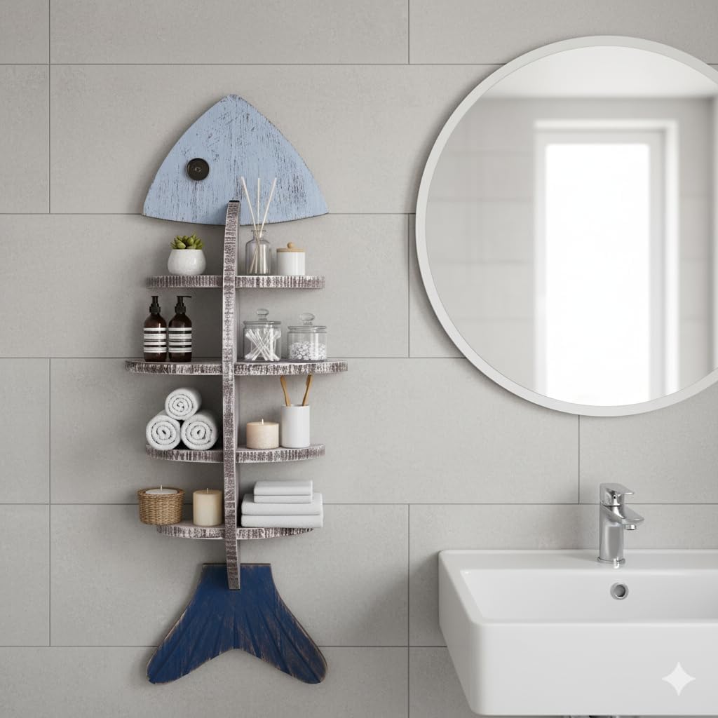 Nautical Fish Bone Wall Shelf, Wooden Coastal Wall Decor with 8 Storage Compartments, Ocean Theme Fish Skeleton Wall Mounted Shelf for Plants, Candles, Keys, Beach House Bathroom Living Room Decor
