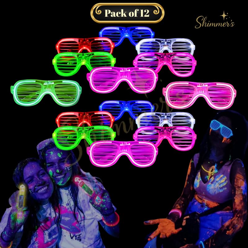 Image of Shimmers Neon Party Glasses Pack of 12 - Glow in Dark Shutter Shades for Kids & Adults, UV Reactive Bright Color Sunglasses for Holi, DJ Night, Birthday, Festival, Rave & Dance Party Accessories