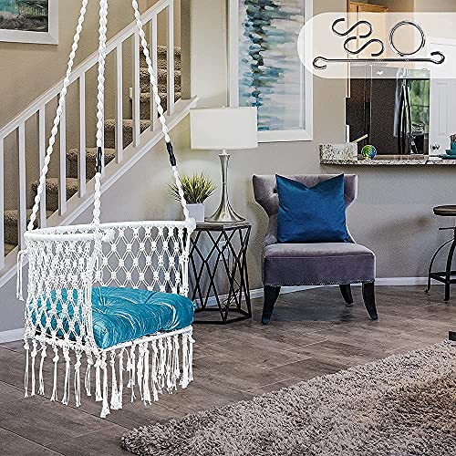 Image of Patiofy Premium Swing for Balcony /Jhula for Adults /Jula with Blue Cushion & Accessories for Indoor & Outdoor (White)