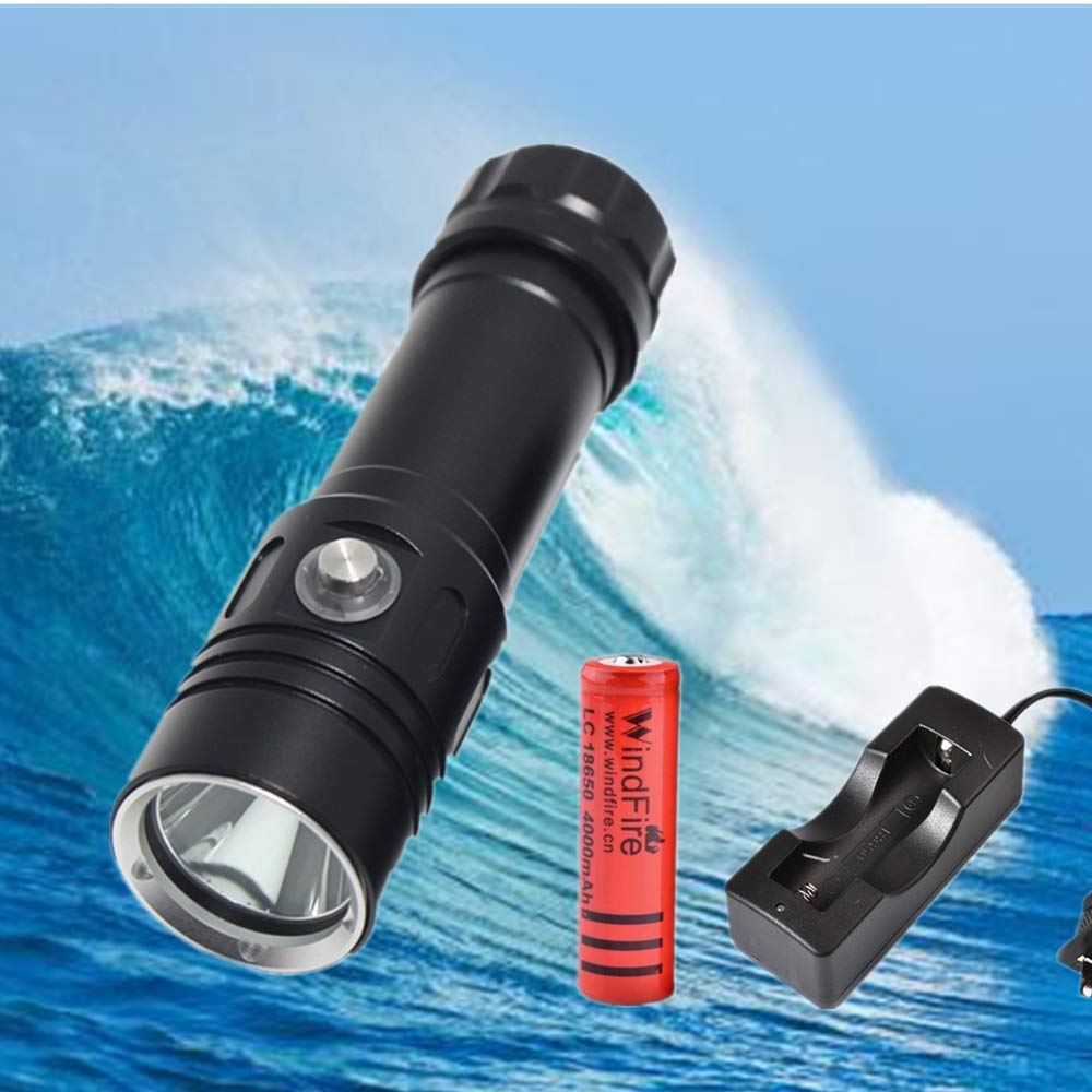 WINDFIRE 8000 Lumen Scuba Diving Flashlight Dive Torch LED Submarine Light IPX8 Waterproof, High Bright 4 Lighting Modes 100 Meters Underwater Safety Lights with Rechargeable Battery & Charger