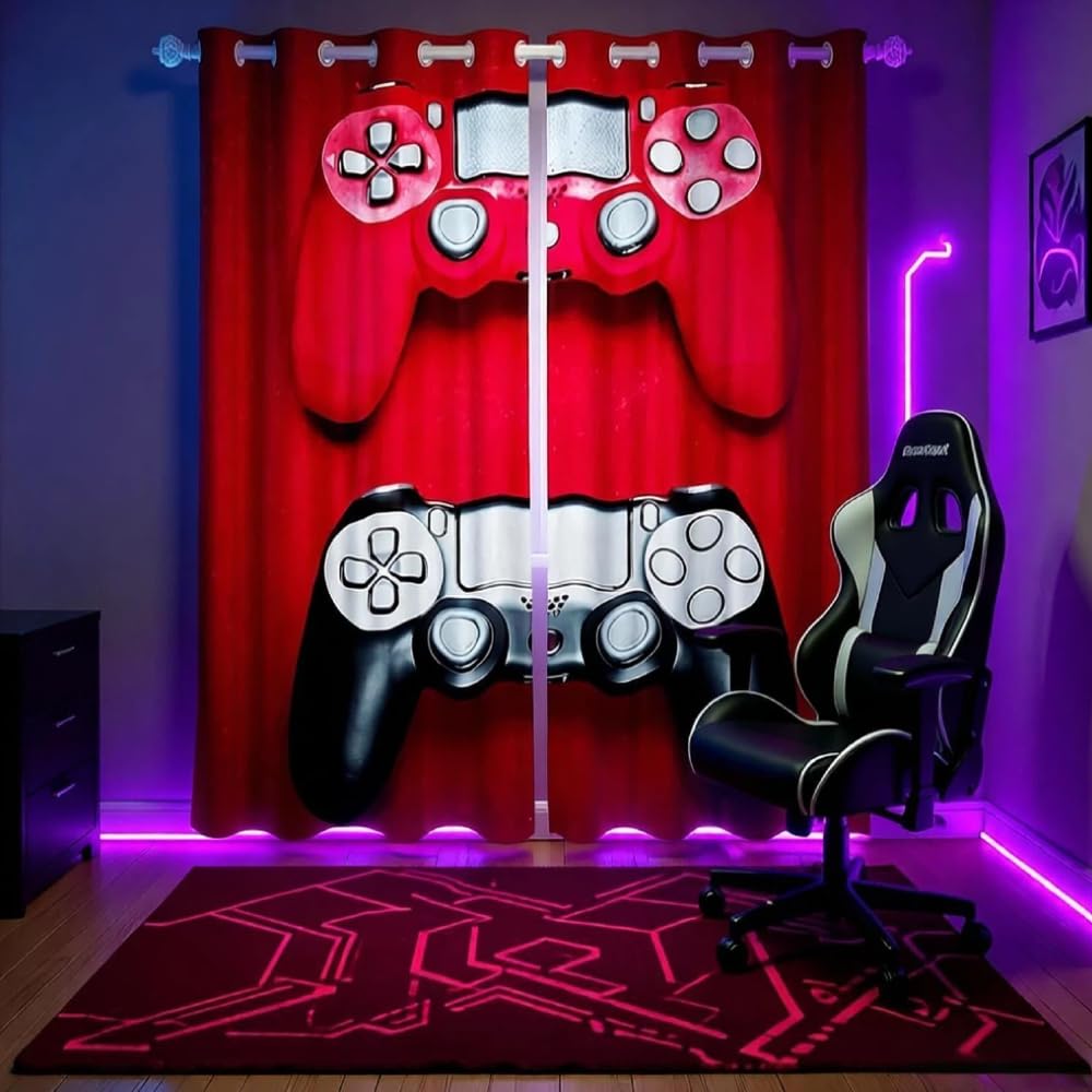 Loussiesd Men's Multicolored 13219 Gamer Curtains Teens Boys Red Black Gaming Curtain For Bedroom Kids Video Game Window Treatt Drapes Grommet Gamepad Home Decor Curtains Set W46*L54 Inch