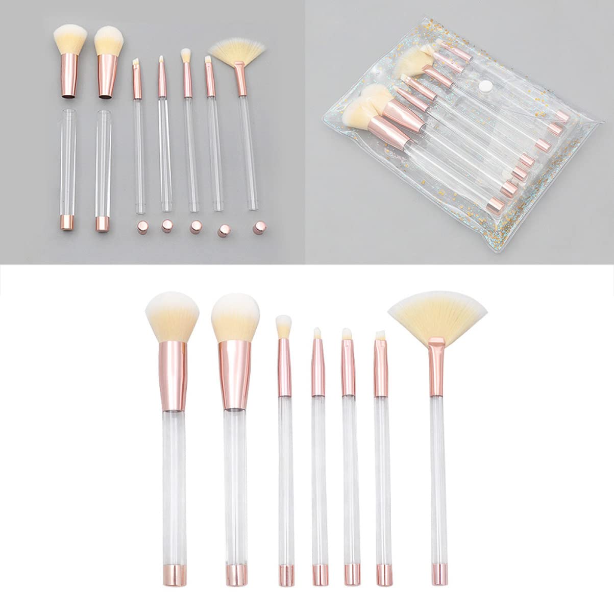 POPETPOP 21pezzi Pennelli Per Trucco Cristallo Trasparente Manico Vuoto Strumento Diy Per Cosmetici Con Set Di Pennelli Per Makeup Manico Trasparente Rosa Oro Base Gialla Setole Bianche