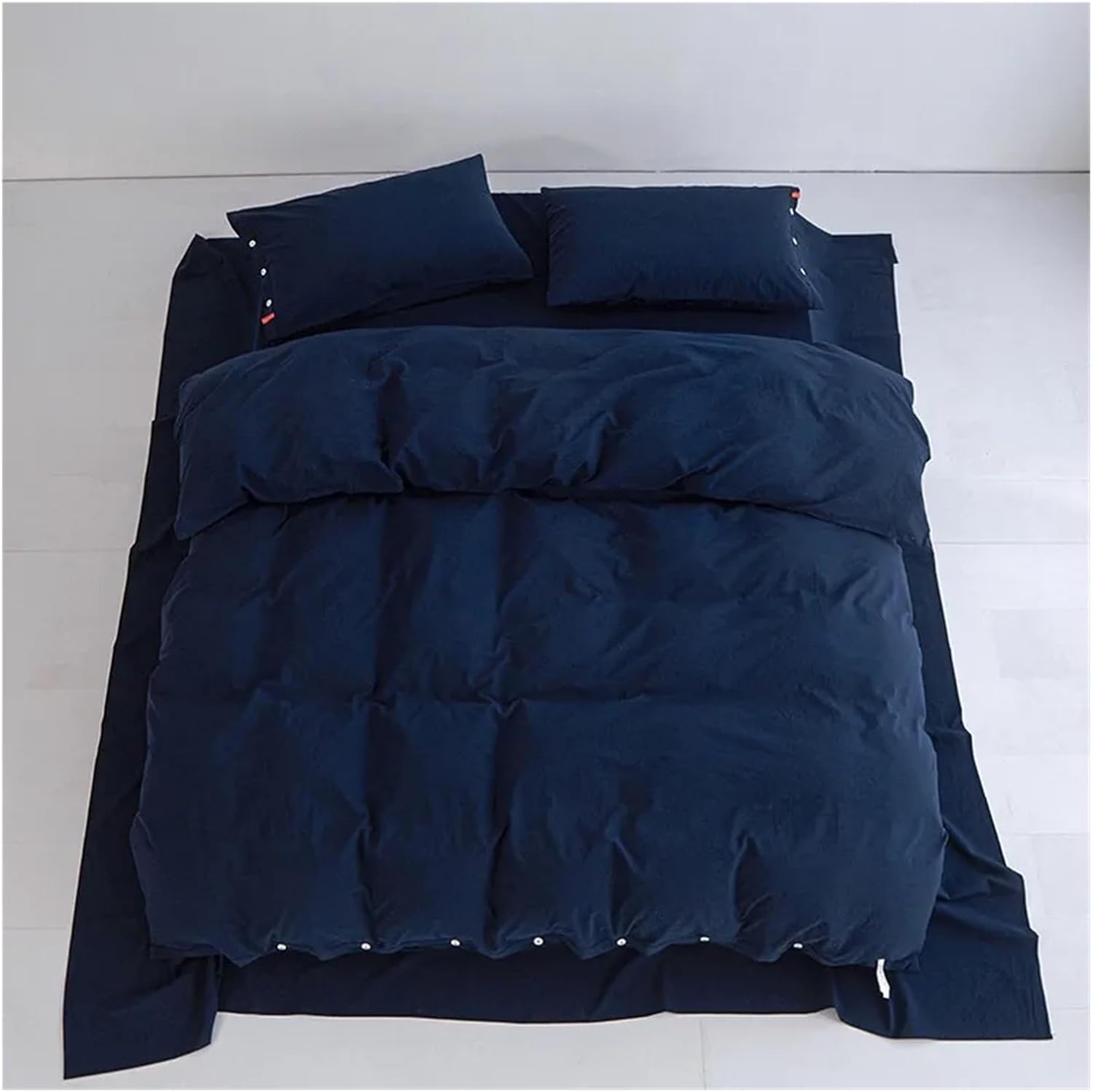 100% Washed Cotton Linen Feel Soft Comfy 4Pcs Bedding Set Solid Navy Black Button Closure Duvet Cover 1 Bed Sheet 2 Pillow Shams,Bed