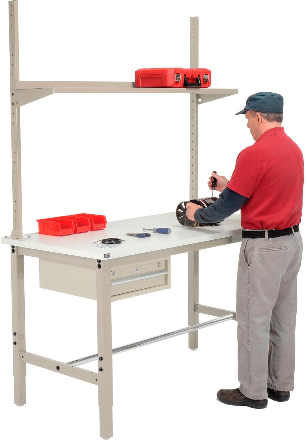 Global Industrial 72" W x 36" D Workbench, 1-5/8" Thick ESD Laminate Square Edge with Drawer, Upright & Shelf, Tan