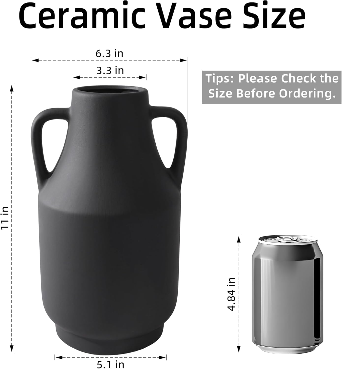 Black Ceramic Flower Vase with Handles, 11 in Tall Rustic Farmhouse Pottery Vases Decorative Large Vases for Living Room Entryway Kitchen Table Centerpieces Home Decor