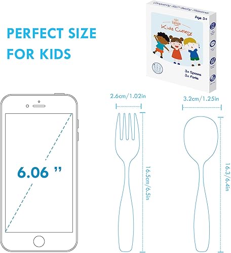 Miniatura 5 de Lehoo Castle Tenedor y cuchara para niños, 6 utensilios para niños pequeños, juego de cuchara de tenedor de acero inoxidable de seguridad, juego de