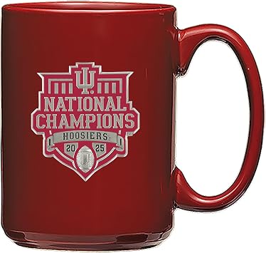2025-26 Indiana Hoosiers National Championship Football 15 Ounce Red Coffee Mug | Clear Mug for Coffee, Beverages | Intricately Crafted Metal Pewter Alma Mater Inlay