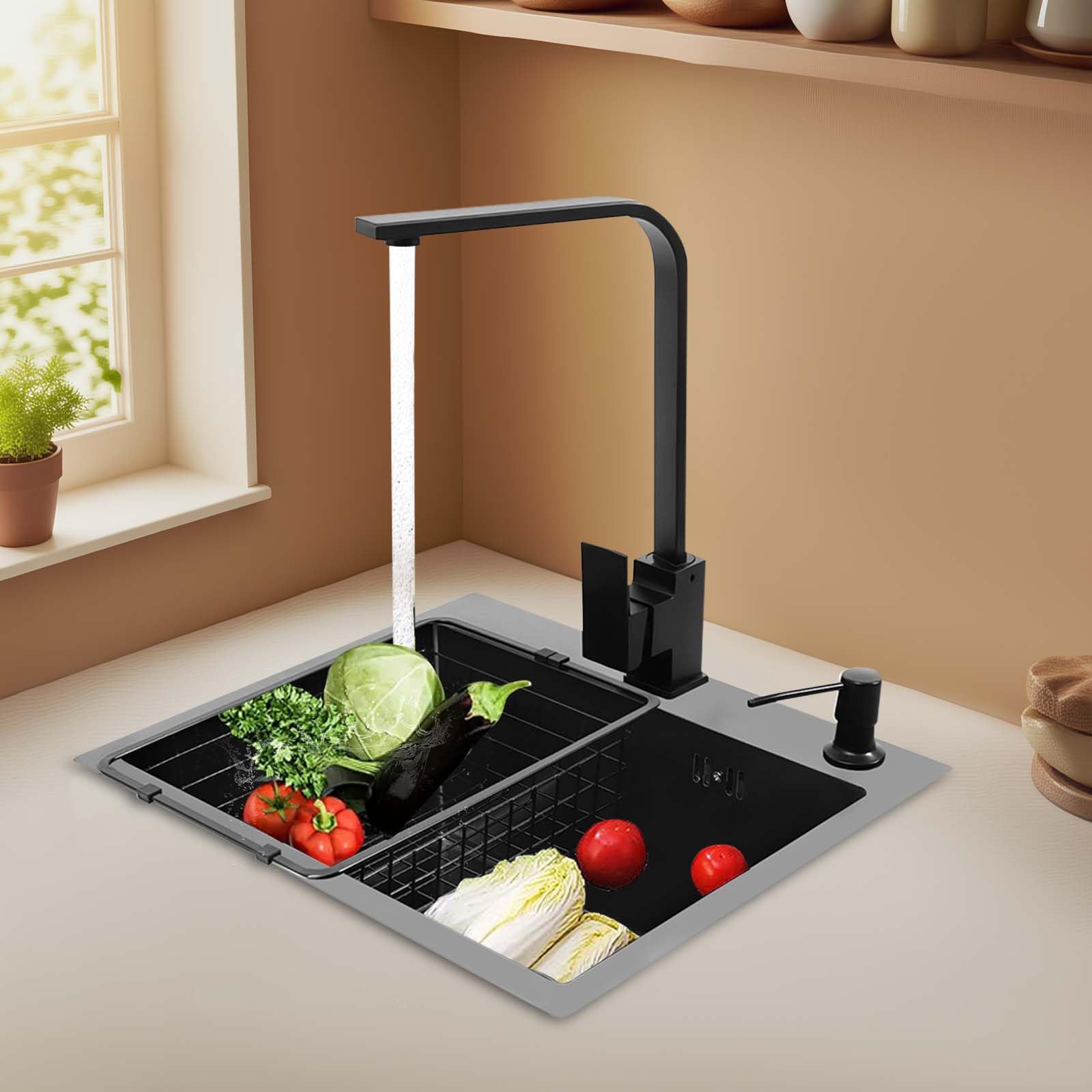 Fregadero de cocina de 45 x 40 cm Fregadero de cocina Inox con grifo extraíble 360 y escurridor integrado Fregadero empotrado Rayas con cesta de drenaje para cocina moderna y estudio