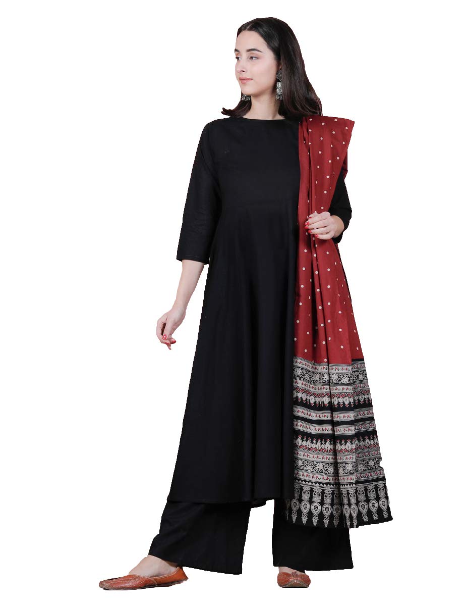 Rustorange Women's Viscose Empire Black Flared Kurta Palazzo Set With Maroon Polka & Black Buta Dupatta