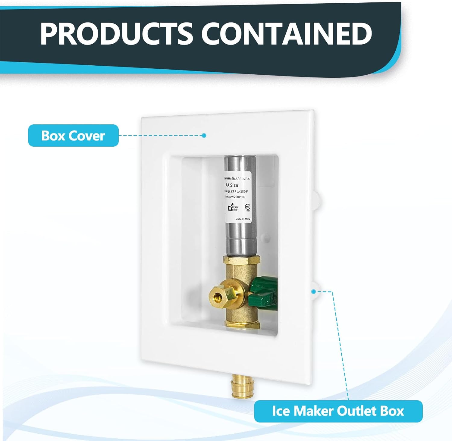 1-Pack Seelink Pre-Assembled Ice Maker Outlet Box, 1/2" PEX-A Expansion Inlet x 1/4" OD Compression Outlet, with Installed 1/4-Turn Ball Valve and Stainless Steel Hammer Arrestor
