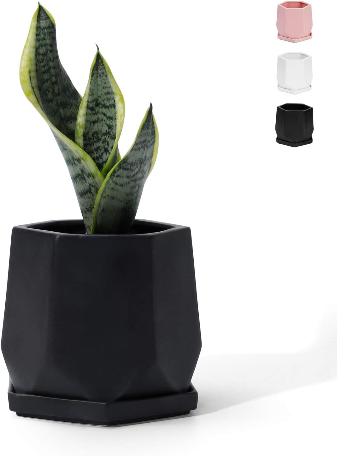 POTEY Black Planter Pots for Plants Indoor - 4.9 Inch Modern Home Decor Hexagon-Shaped Geometric Ceramic Flowerpot with Drainage Hole & Saucer 051002, Plant NOT Included