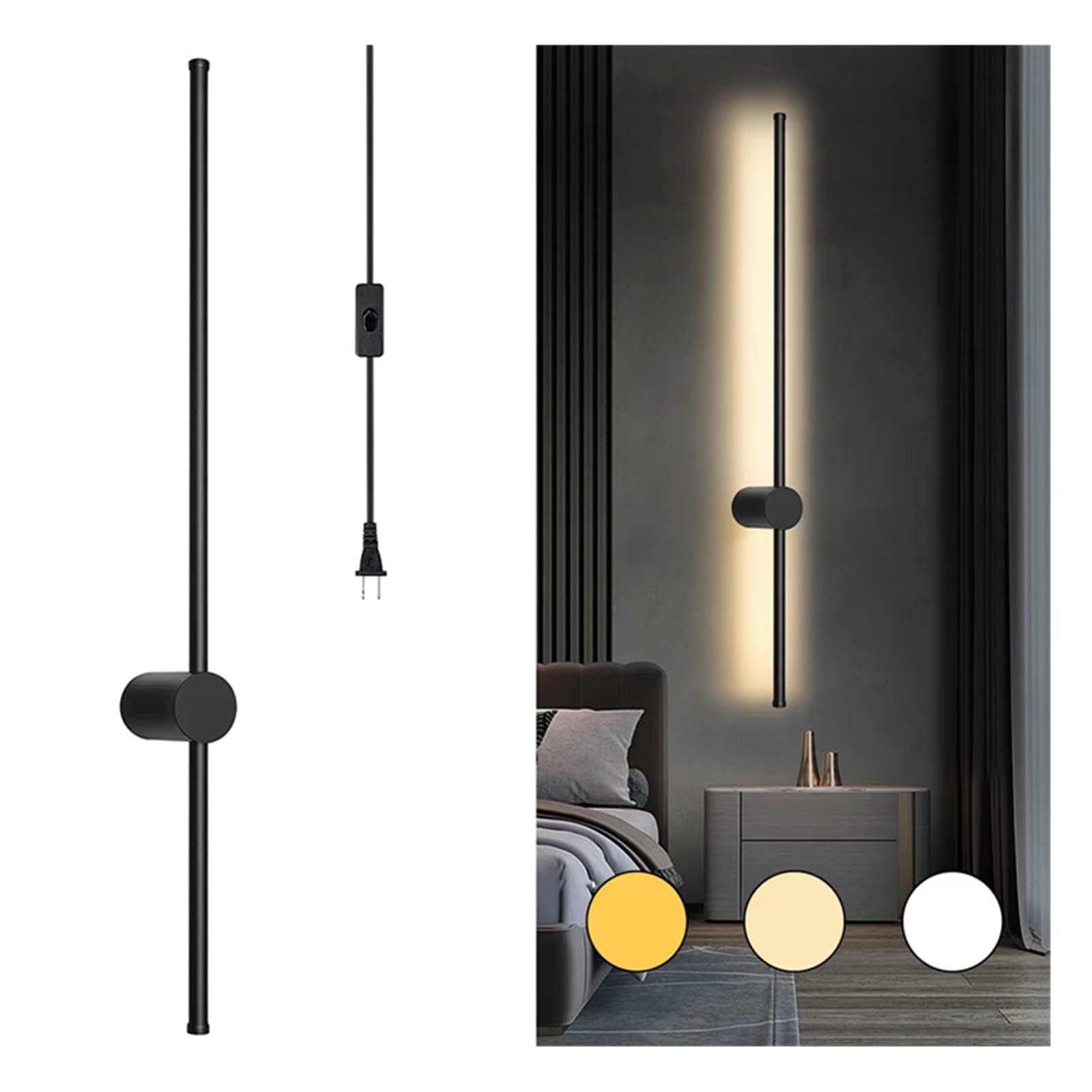 39" LED Plug in Wall Sconce, Modern Long Strip Wall Sconce, 3-Color Wall Lamp with Plug in Cord Switch, Minimalist Decor Wall Light for Living Room Bedroom Reading Room