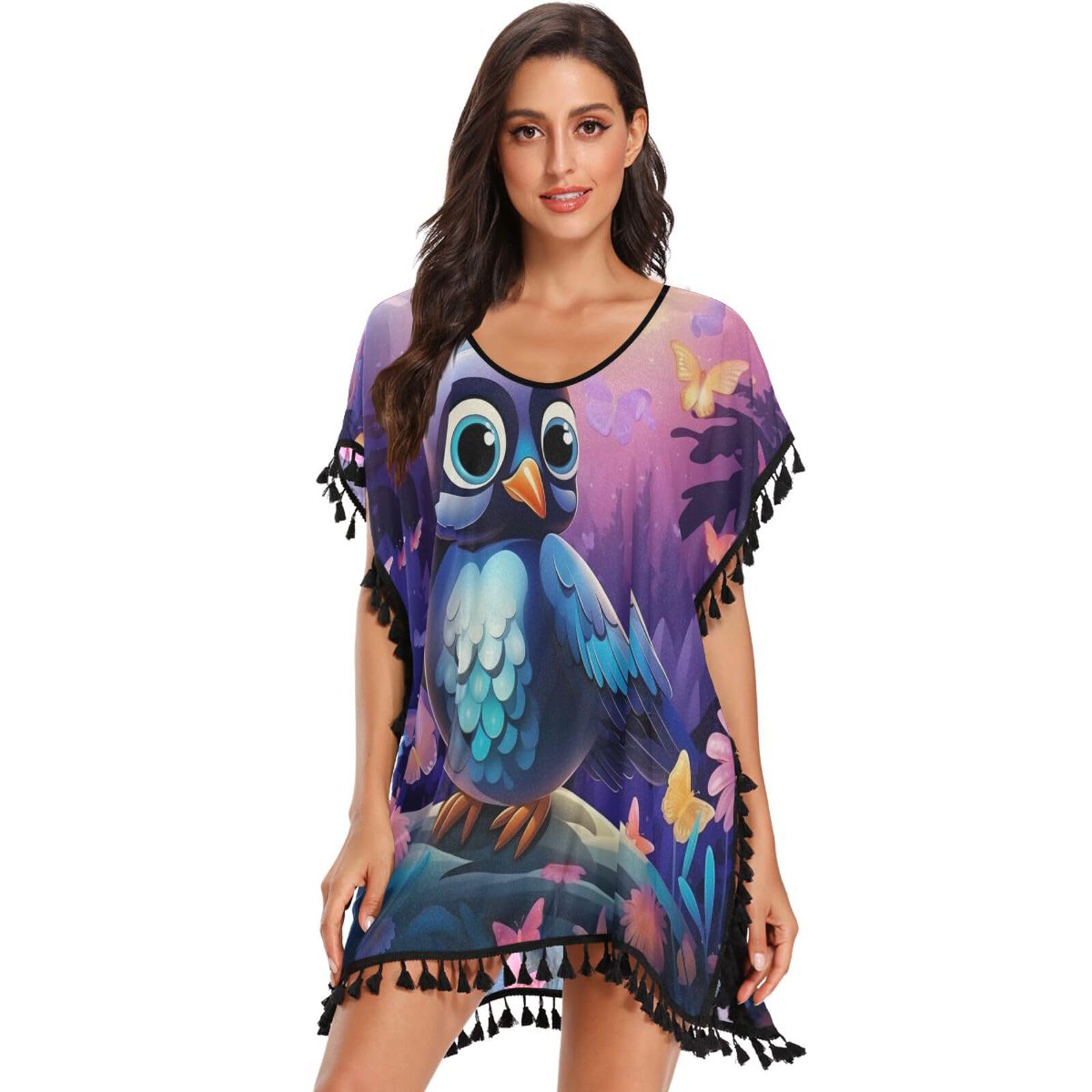 Forest Flower Animals Penguin Women's Beach Cover Up Chiffon Tassel Swimwear Swimsuit Coverups for Girl