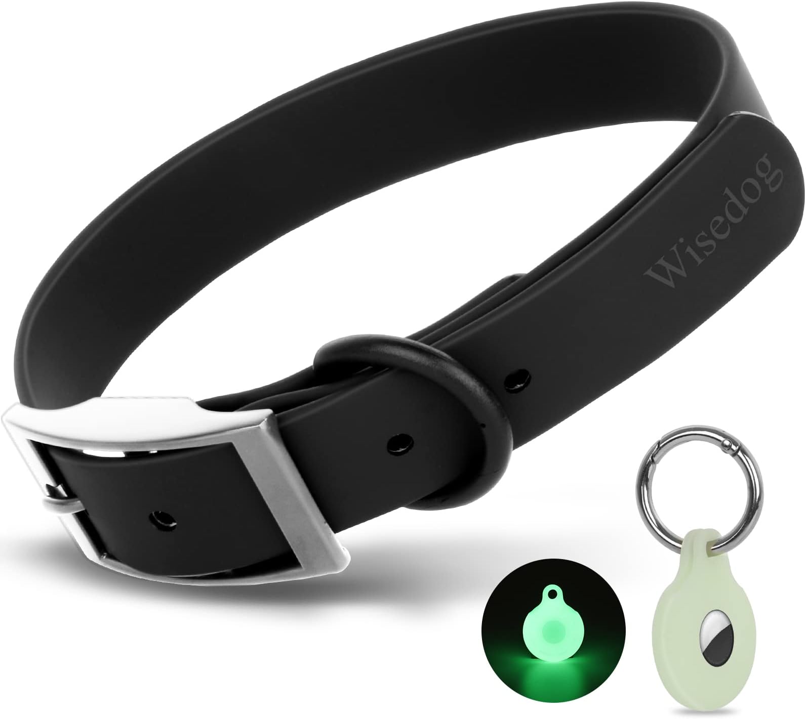 WisedogAdjustable Dog Collar with Airtag Holder: Durable Dog Collars, Soft Rubber Coated Webbing, Waterproof and Easy to Clean, for Small Medium Large Dogs (M, Black)