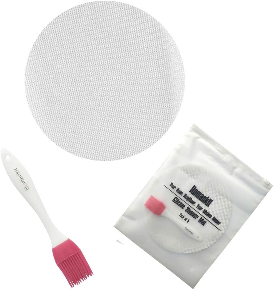 Homankit Pack of 5 Dim Sum Steamer Papers/Silicone Steamer Mat for Bamboo Steamer/Steamer Inserts | 20cm in Diameter | Reusable, Non-Stick Healthy Steamer Mat with Wine Red Brush for Cooking