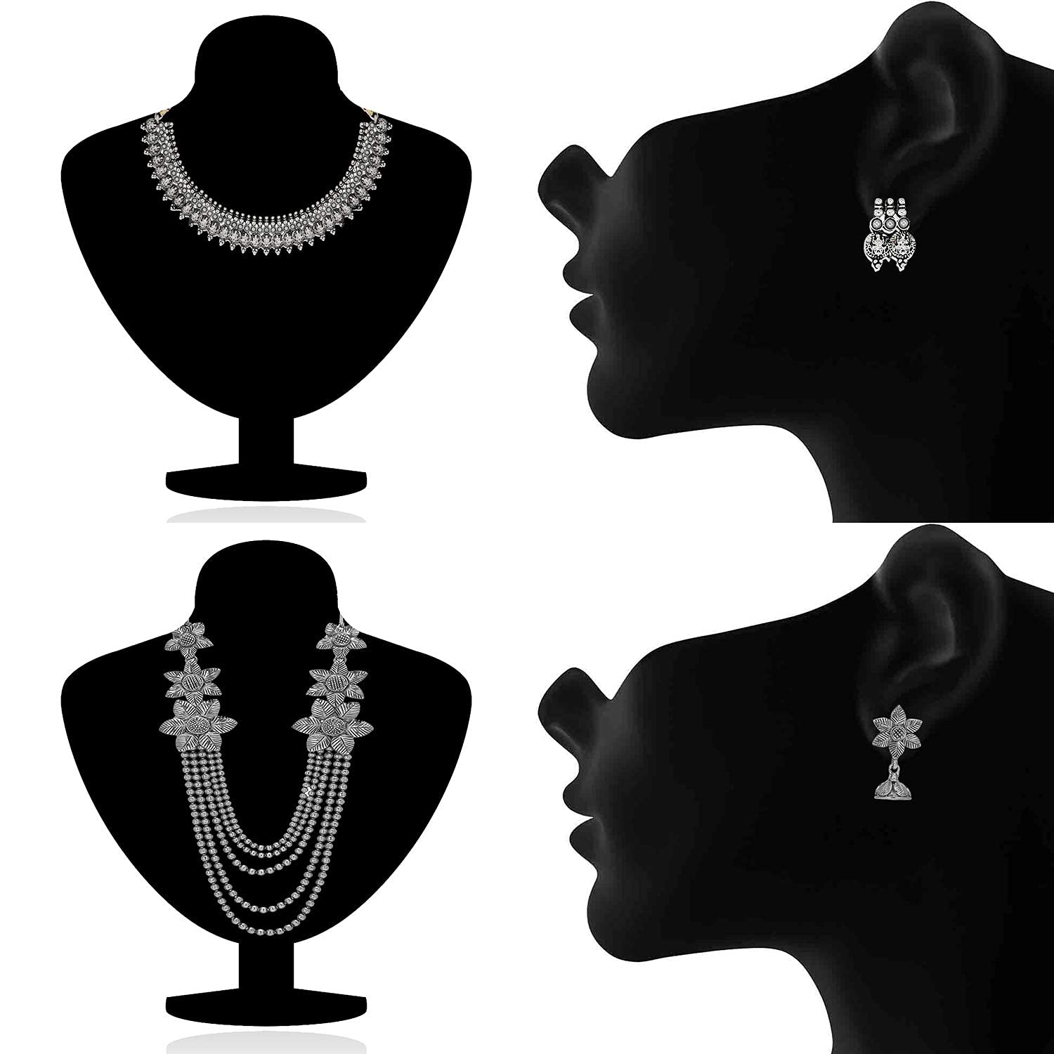 Om Jewells Oxidised Silver Plating Alloy and Floral Multistrand Necklace Set And Temple Choker Necklace Set for Women & Girls (Silver) 2