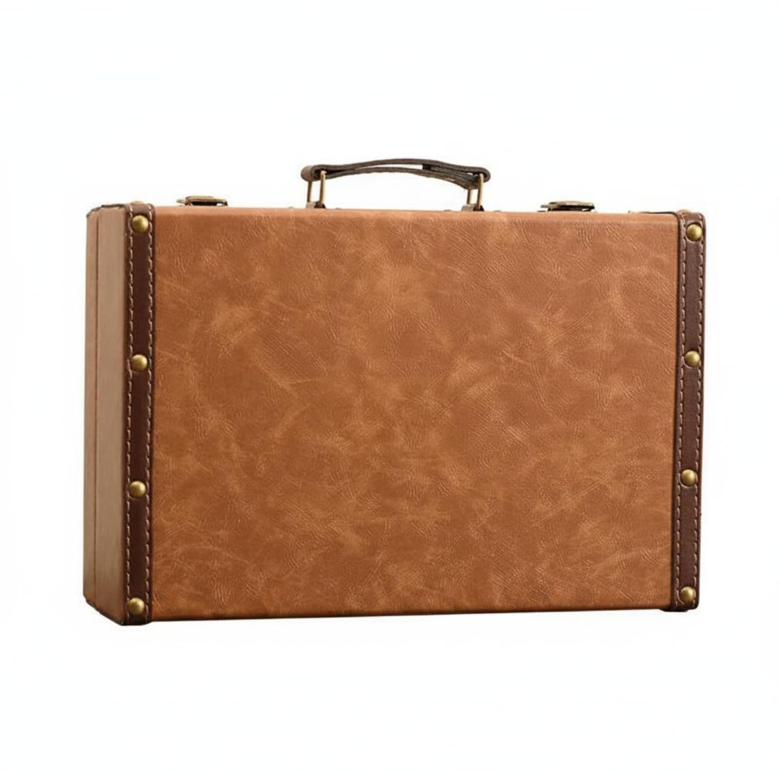 Leather-Like Vintage Suitcase Trunk Stitched Trim Hard-Sided Suitcase Metal Corner Guards Retro Display Trunk Rivet Hardware for Prop Use, Ochre S-image-21