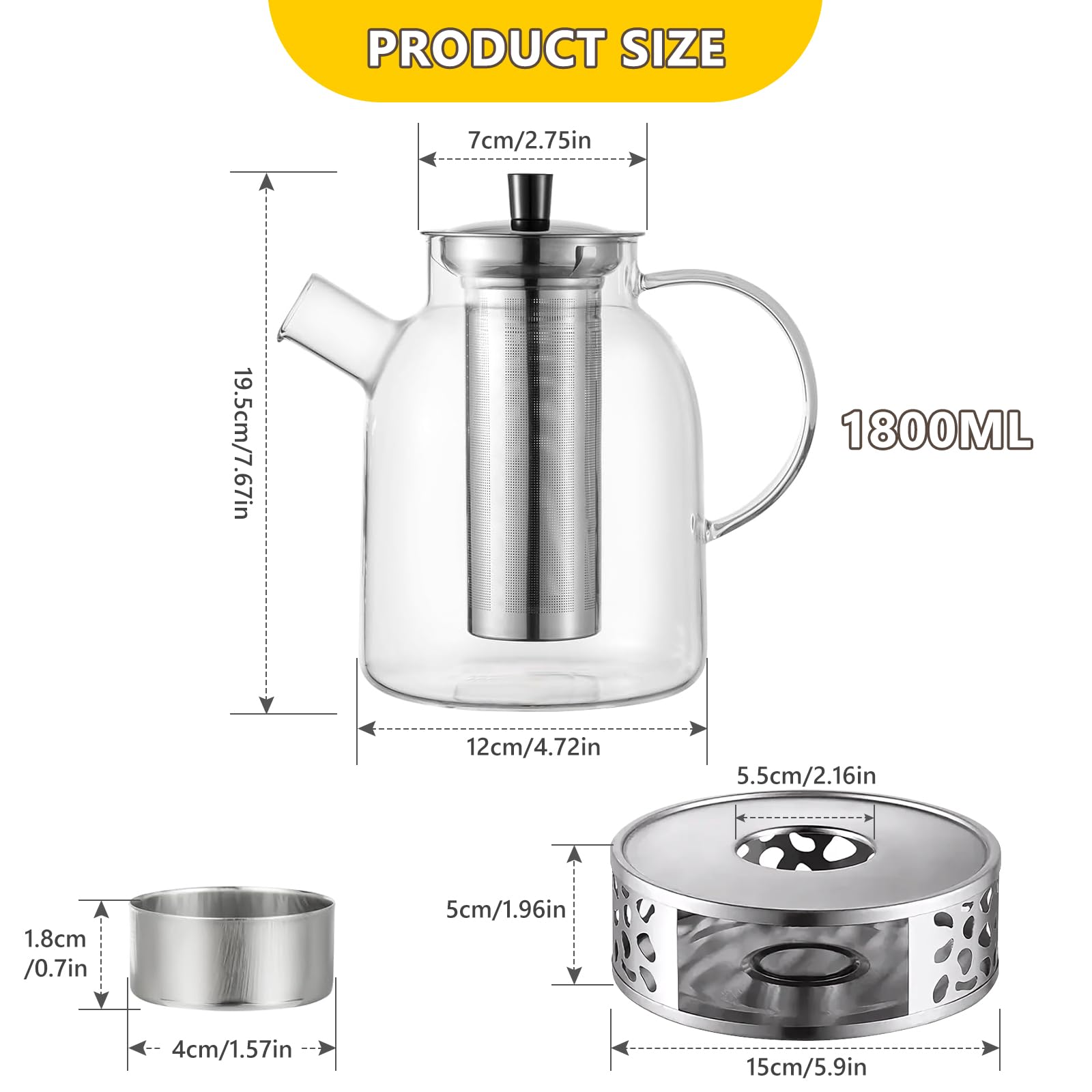 Teekanne mit Siebeinsatz, 1800ml Teekanne mit Stövchen, Glas Teebereiter, Teapot aus Borosilikatglas, Tee Kanne Set für Losen Tee, Teebeutel, Glaskanne für Alle Teesorten