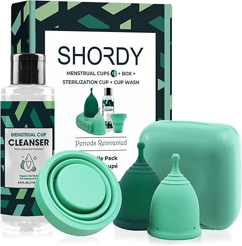 SHORDY Kit para principiantes de copa menstrual, limpiador de gel equilibrado con pH para copa menstrual, taza esterilizadora plegable y vasos de