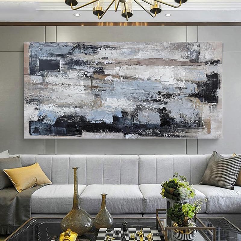 Cuadro abstracto moderno en blanco, negro y gris sobre lienzo Obra de arte de gran formato para la decoración del hogar y la sala de estar (25 x 50 cm/Marco interno)