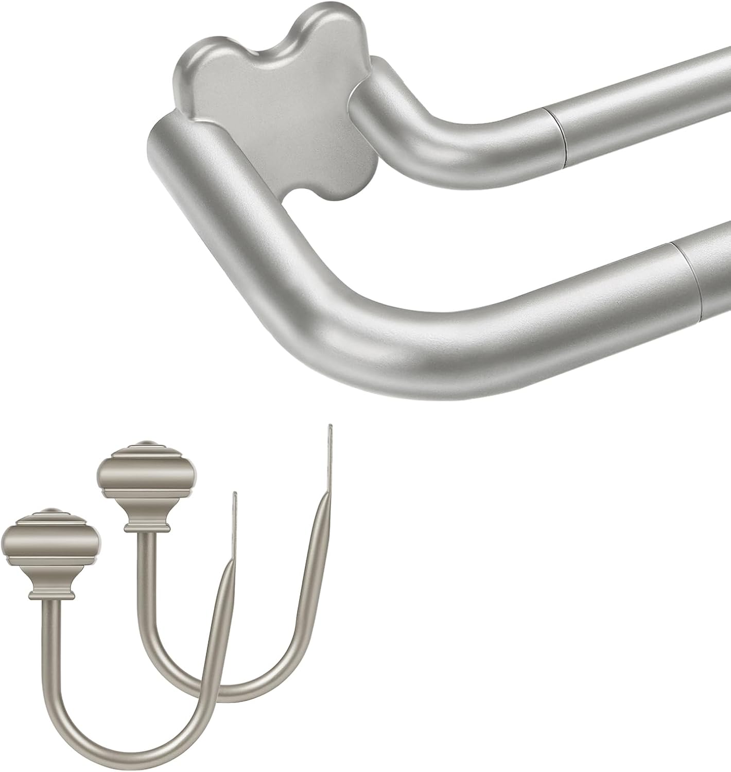 Antique Silver Wrap Around Double Curtain Rods 32 to 115 and 2 Pack Antique Silver Curtain Holdbacks with Square Finials(Bundles)