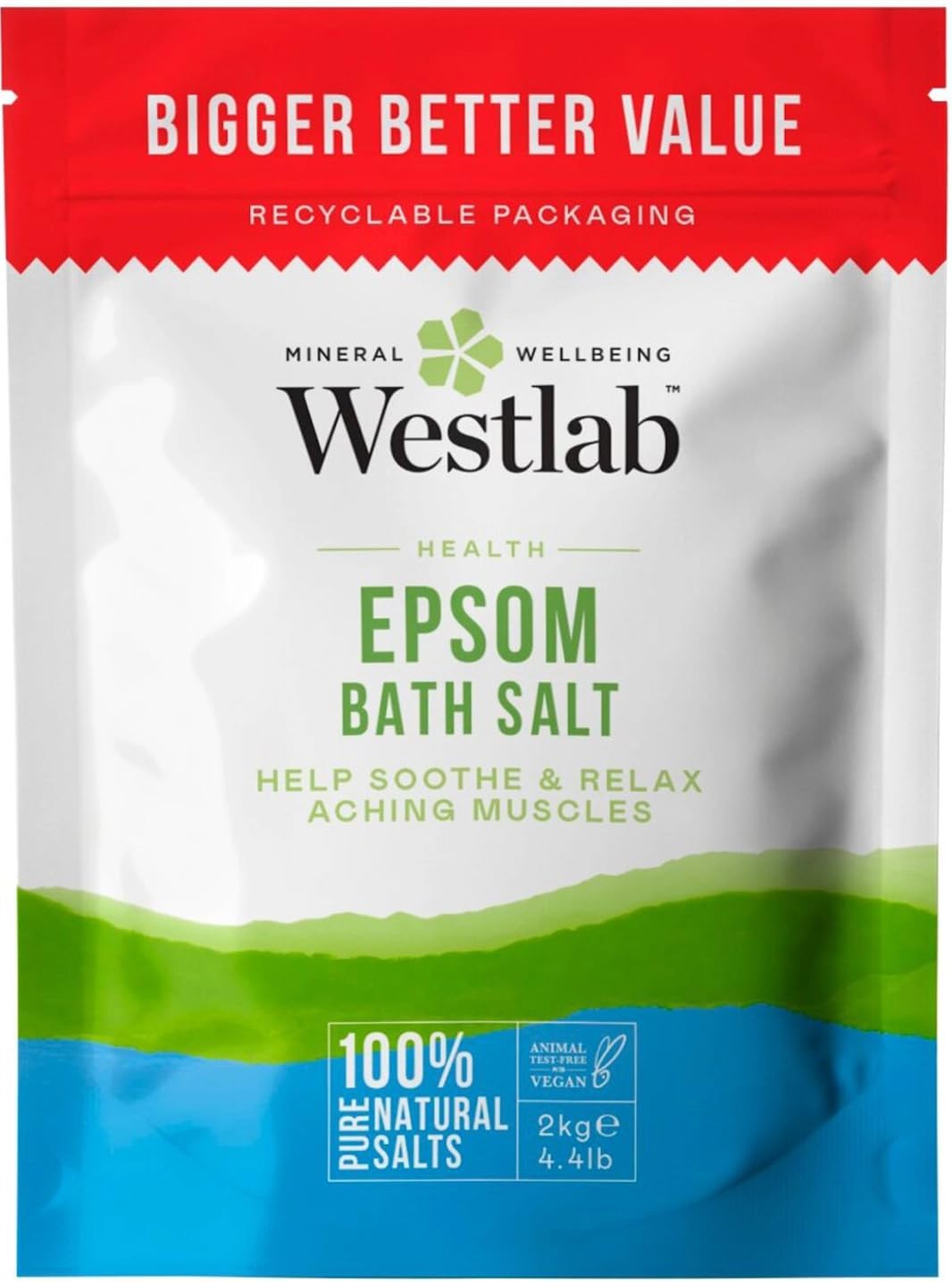 Westlab – Reviving Epsom Salt – 2kg Resealable Pouch – 100% Natural, Pure & Unscented Mineral Salts – Supports Sleep and Relieves Aching Muscles (Packing may vary).