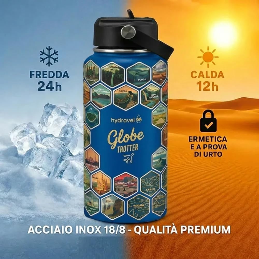 Borraccia Termica GLOBE TROTTER con 50 Adesivi dei Posti più BELLI del Mondo - Ottima Idea Regalo per Viaggiatori - 1 LT, Acciaio Inox, bevande Calde per 12h/Fredde 24h (Blu) - 5