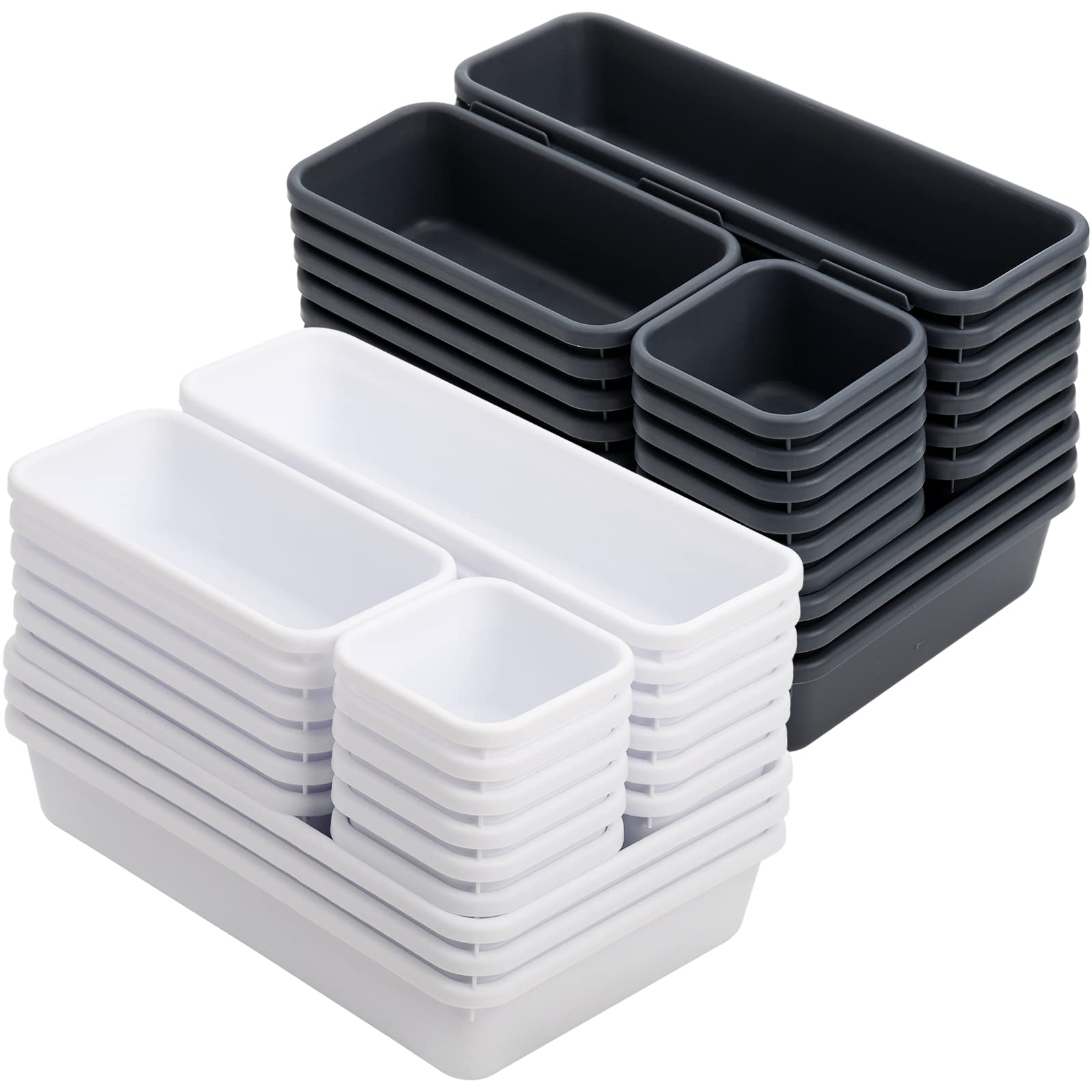 Photo 1 of Nicunom 42 Pack Interlocking Desk Drawer Organizer Tray, 4 Size Separators Storage Container Divider Bins for Kitchen Utensils Silverware Bedroom Dresser Cosmetic Makeup Tools Office Supplies