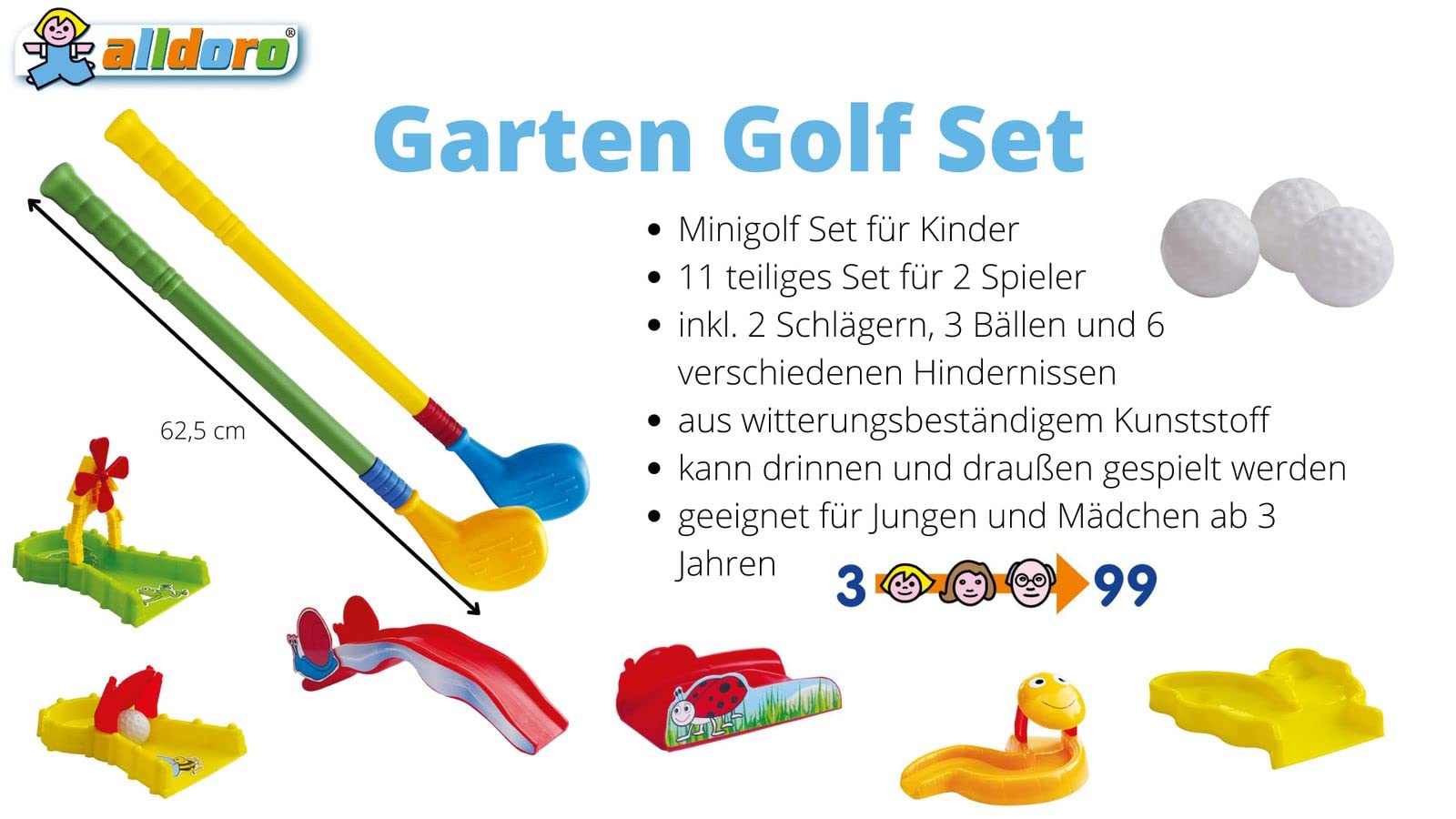 alldoro 60066 Golf de Jardin avec 11 pièces, avec 6 Obstacles, 2 Clubs XXL et 3 balles de Golf, Minigolf pour l'intérieur & l'extérieur, Plastique, pour Enfants à partir de 3 Ans