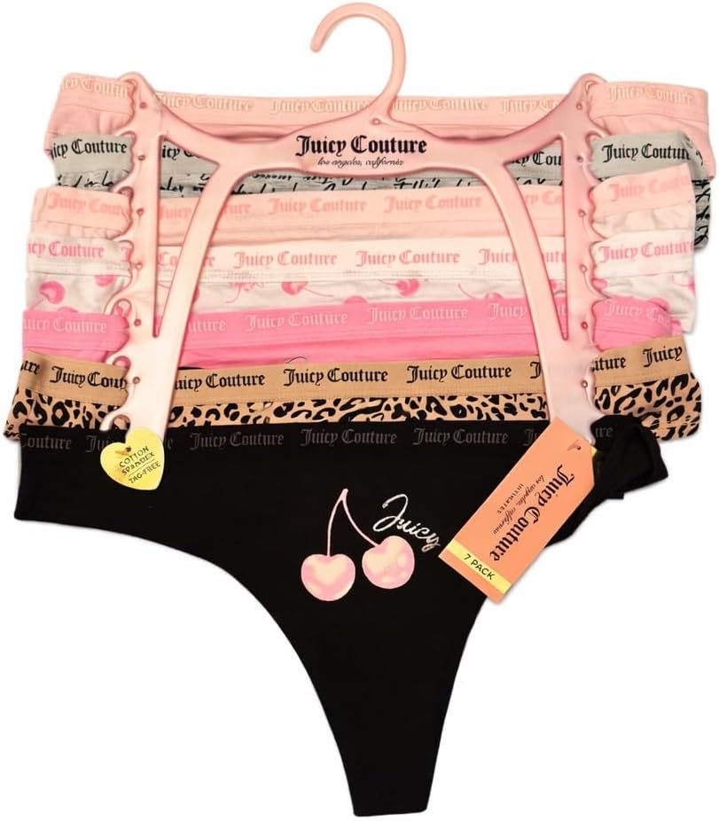 Juicy Couture Women's Thong Underwear, Assorted Colors and Designs, Cotton Spandex Blend, 7 Pack