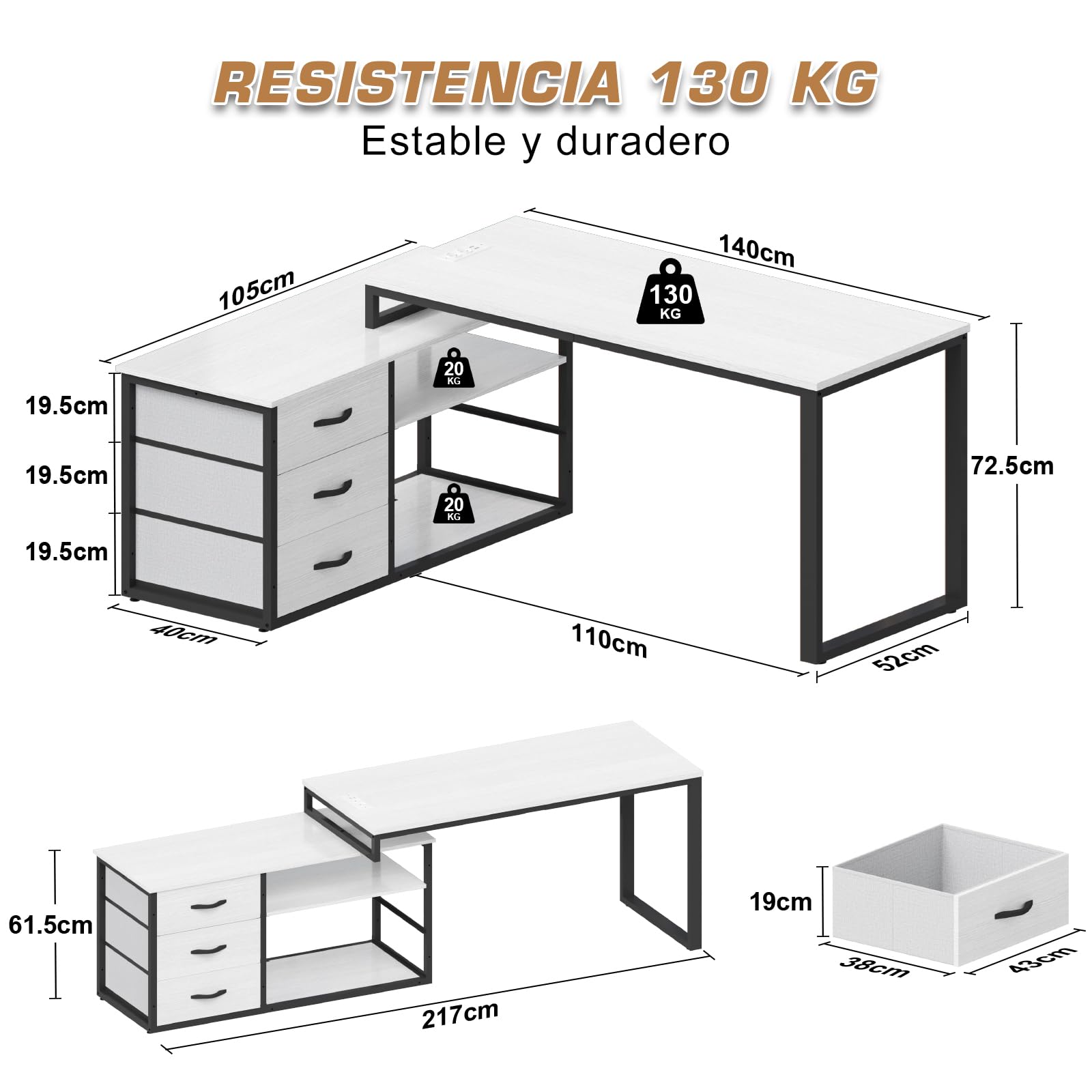 TRIUMPHKEY 140x105cm Escritorio Esquinero Reversible,Mesa de Ordenador con 3 Cajón,Estante de Almacenamiento,Escritorio en L con 2 Puerto de Carga USB y 2 Toma de Corriente para Oficina en Casa Gris