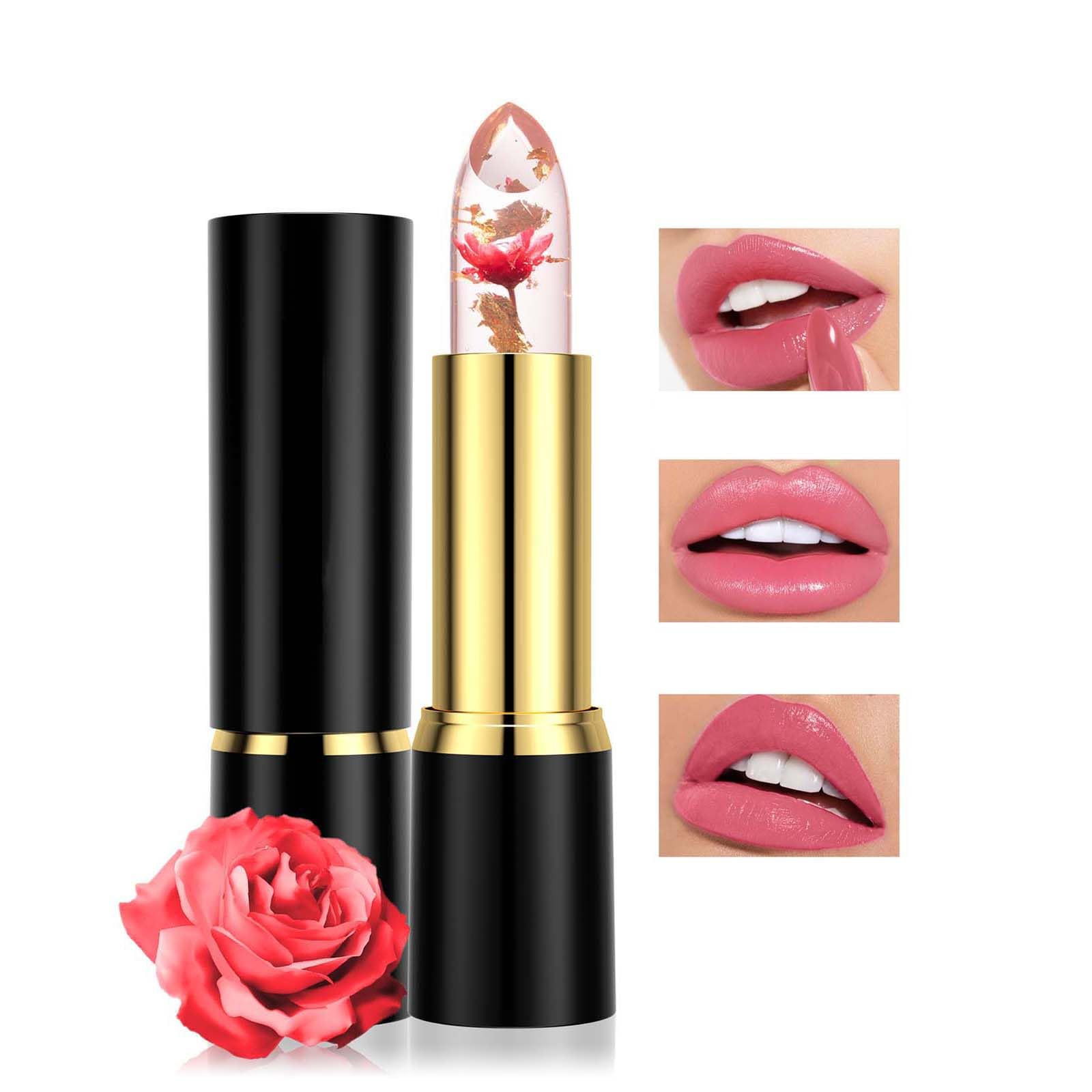 TrendyfaveColour Changing Lip Balm,Clear Flower Jelly Lipstick,Crystal Waterproof Non-Stick Cup Lip Gloss,Magic Lipsticks for Women Long Lasting,Non Fading Moisturizer Lip Balm -Red Rose