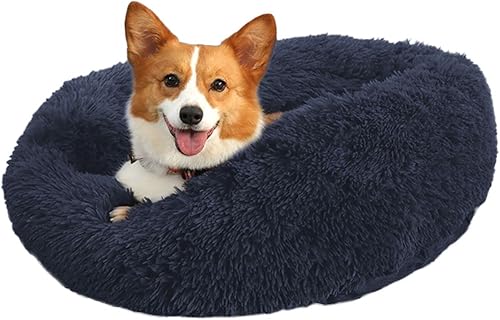Vista 20 de BinetGo Cama calmante para perros para gatos y perros, cama de gato beige de 20 pulgadas, cama para cachorros negro/rosa/beige, cama calmante