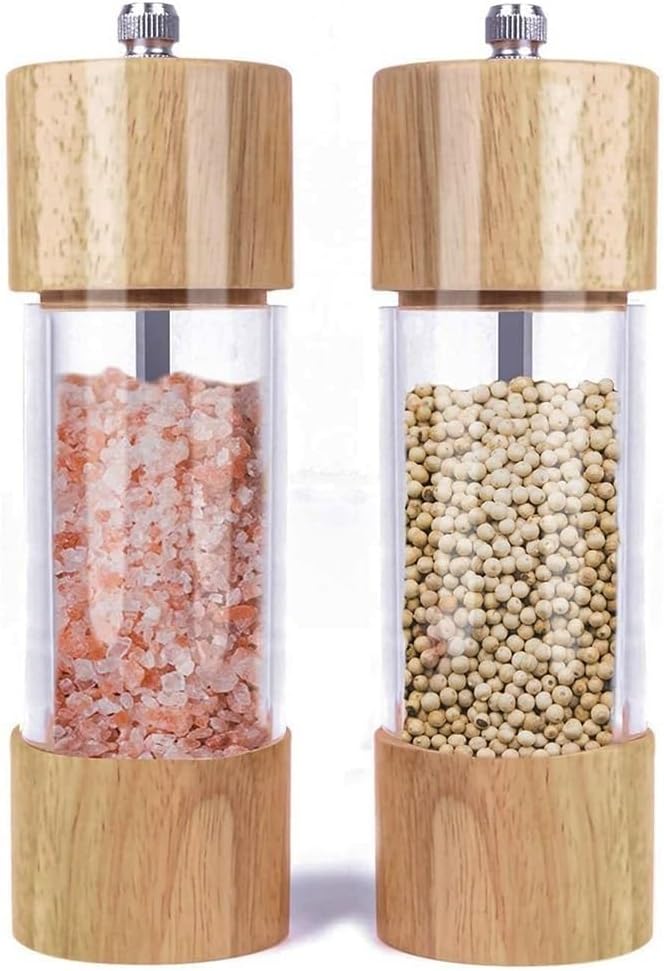 Wooden Salt and Pepper Grinder Set Manual Acrylic Visible Window Mill(6 Inch 2-pack)