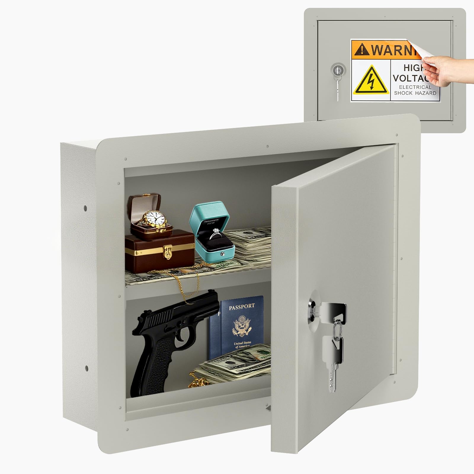 POCHAR Small Wall Safe Lock Box wtih Disguise Sticker - In Wall Gun Safe Between the Studs for Home, Office - Hidden Safes Storage for Money Jewelry with Removable Shelf - 15.75-Inch Exterior Width
