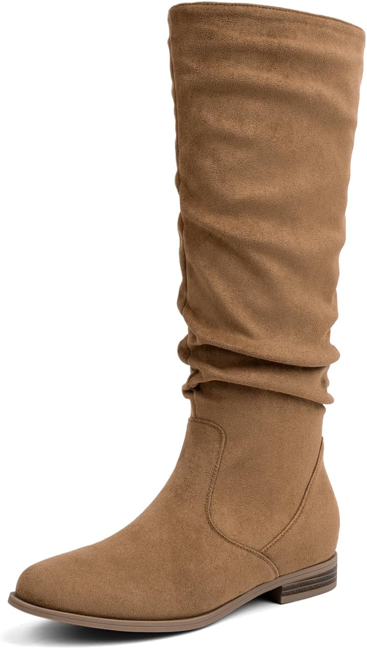 VJH confort Women's Knee-High Boots Comfortable Low Heel Almond Toe Wide Calf Side Zip Fall Winter Long Boots