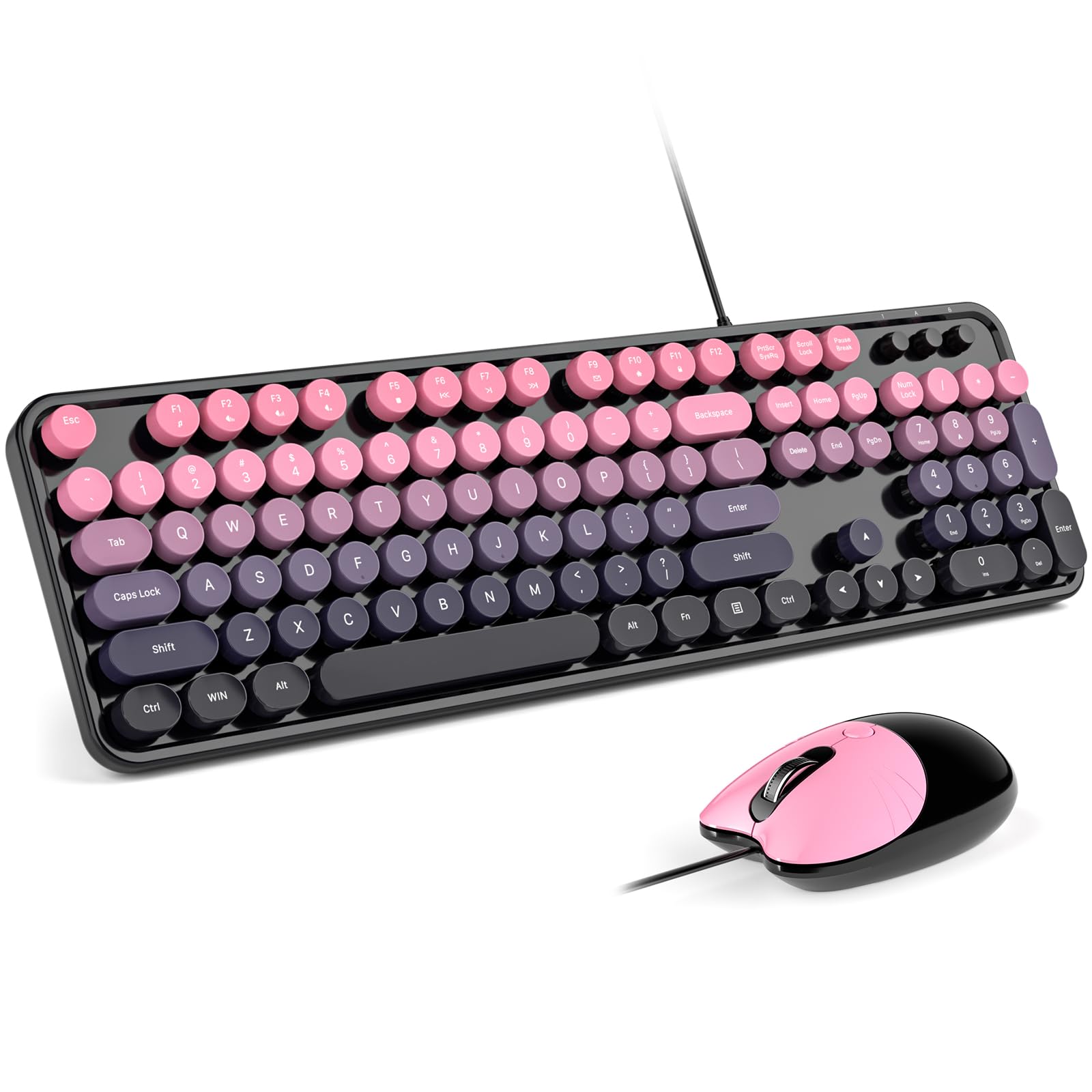 mofii wired retro typewriter keyboard and mouse combo, full size usb plug & play for windows pc laptop- plum pink gradient