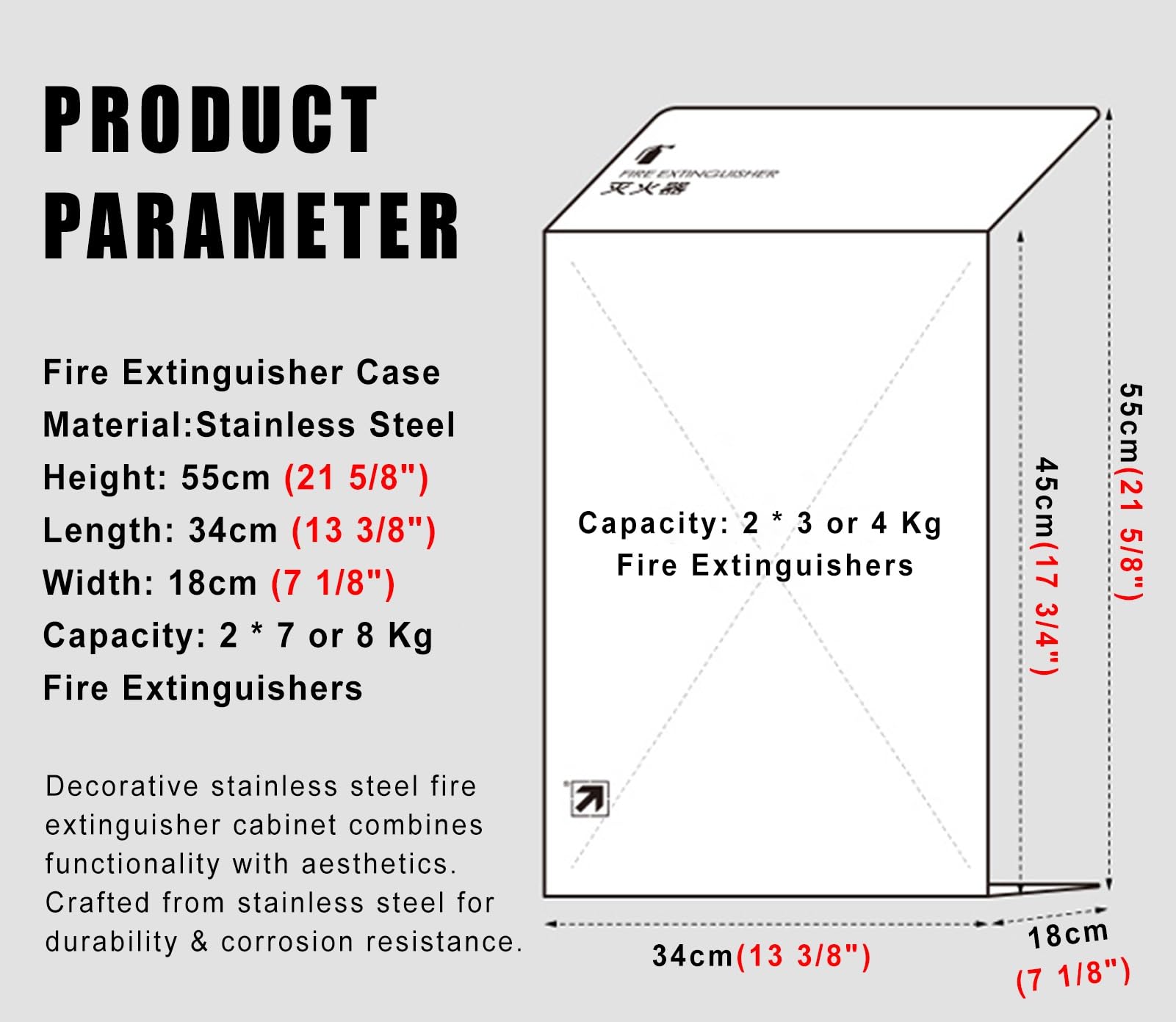 Señal de soporte para extintor de incendios, gabinete decorativo de acero inoxidable con grano de madera para extintores de 2-3 o 4 kg