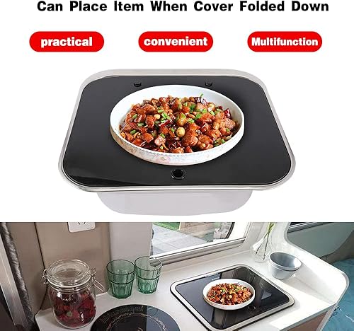 Miniatura 2 de Lavabo de acero inoxidable para caravana o lancha, con grifo plegado, tapa de vidrio templado, accesorios para caravana o remolque