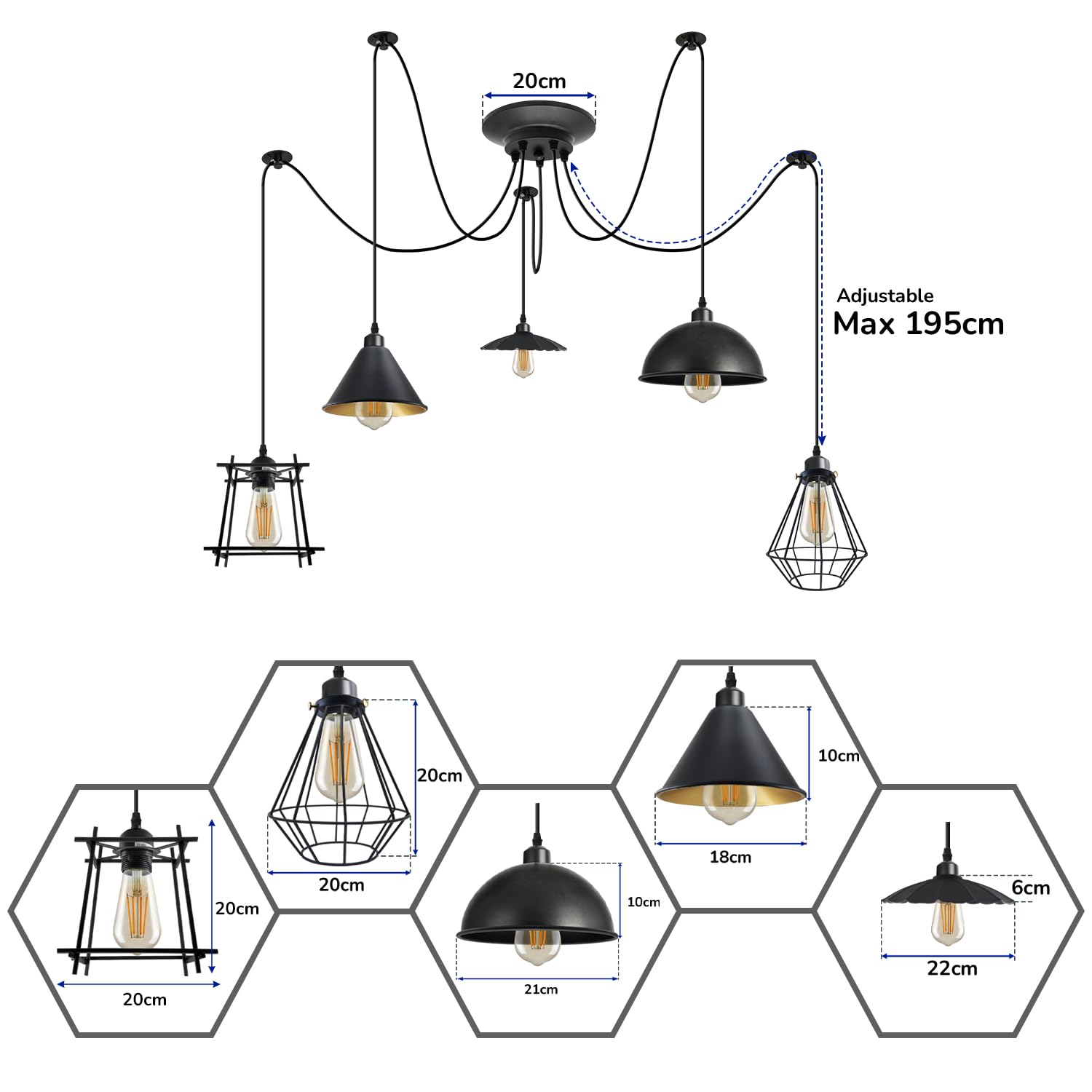 LEDSone 5 Kopf Spinne Pendelleuchte Höhenverstellbar Metalldraht Käfig 60W E27 Halter 110-240V Hängelampe (ohne Birne)