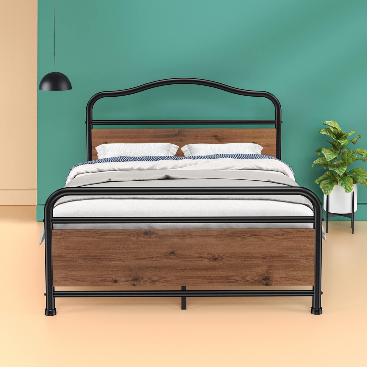 Ciays Queen Size Metal Platform Bed Frame Mattress Foundation with Sturdy Wood Headboard and Footboard No Box Spring Needed Under Bed Storage Steel Slats,Black