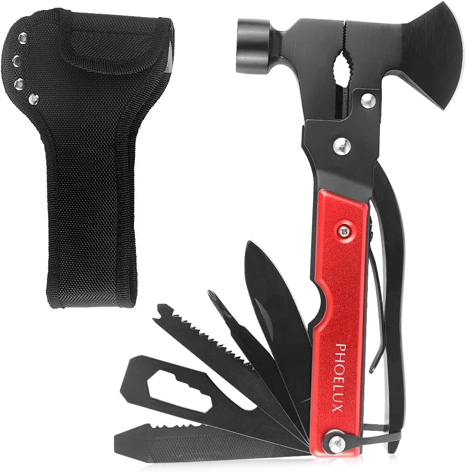 16-IN-1 Camping Multitool (Red) Axe Hammer Survival Gear with Knife, Pliers, Saw, Fish Descaler, Screwdriver, Bottle Can Opener and Nylon Sheath, Good for Outdoor, Camping and Hiking