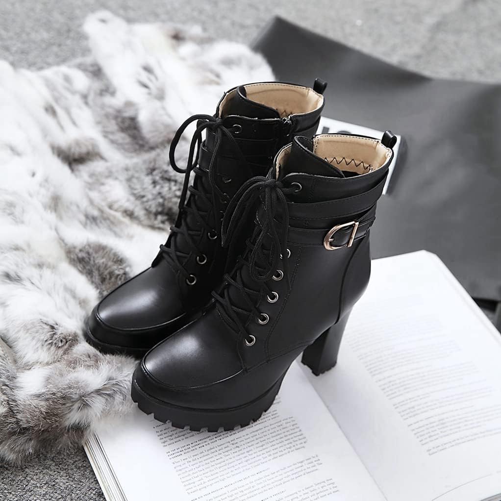 MIOKE Women's Round Toe Platform Dressy Ankle Boots Lace Up Zipper Chunky Block High Heel Dress Short Bootie