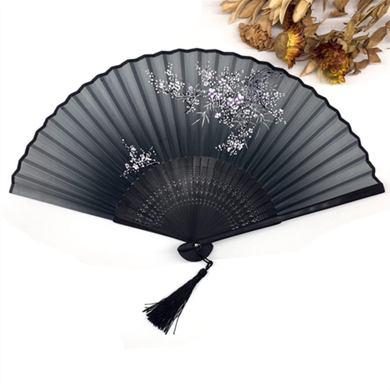 NZPOST 1pcs Vintage Chinese Spun Silk Flower Printing Hand Fan Folding Hollow Carved Hand Fan Event & Party Supplies for Dance,Party Props Decoration (E)