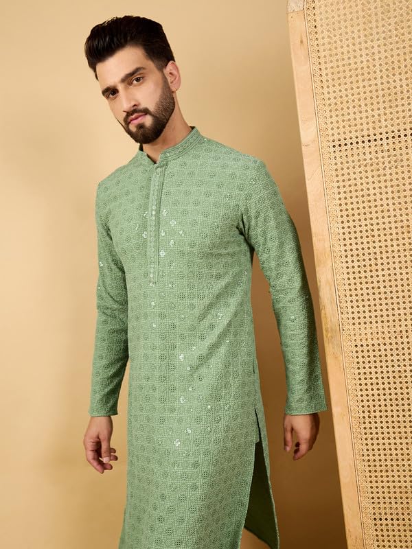Image of Men's Solid Embroidered Long Straight Kurta | Men's Kurta | Embroidered Chikankari Kurta for Men | Straight Fit Kurta for Men