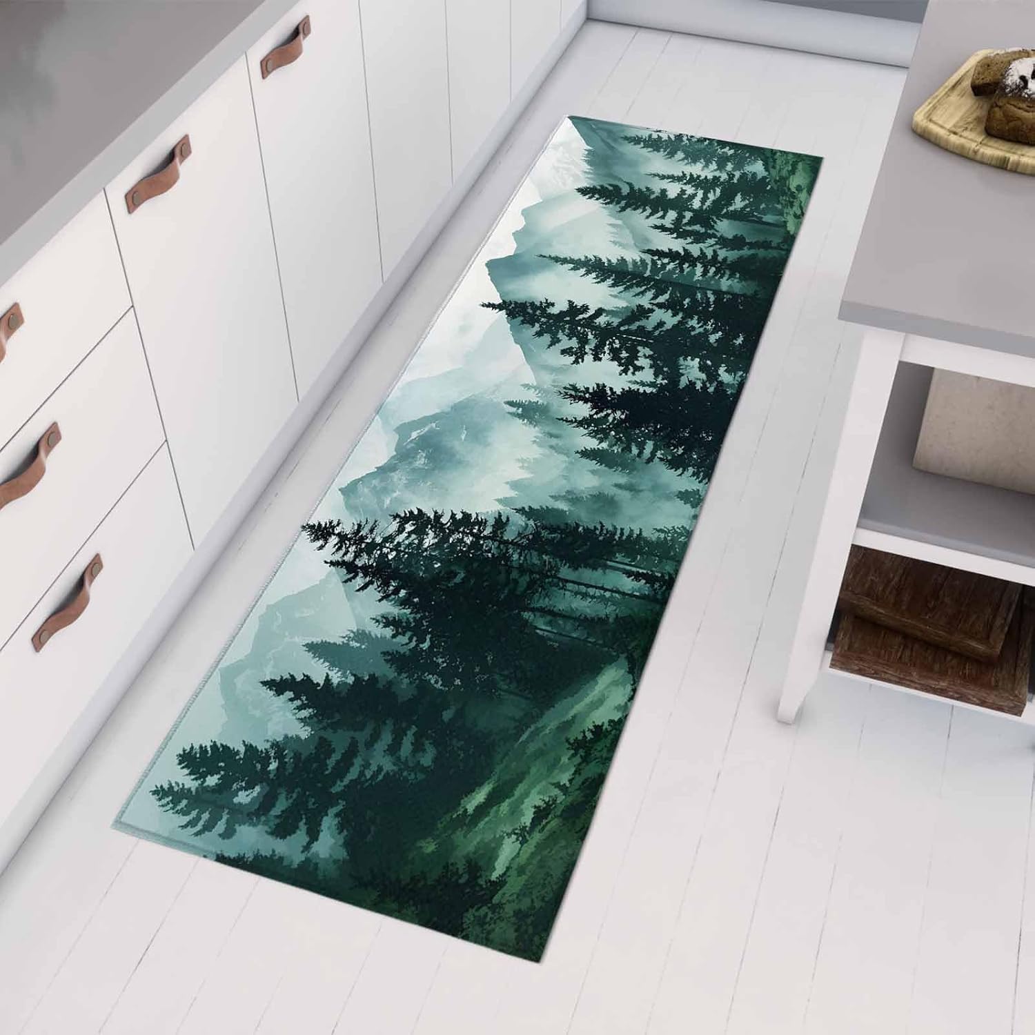 Kitchen Mats for Floor Watercolor Blue Forest Abstract Washable Non Slip Kitchen Rugs 1PCS, Vintage Linen Texture Absorbent Standing Mats for Sink Bathroom Office Living Room 15.7x47.2in